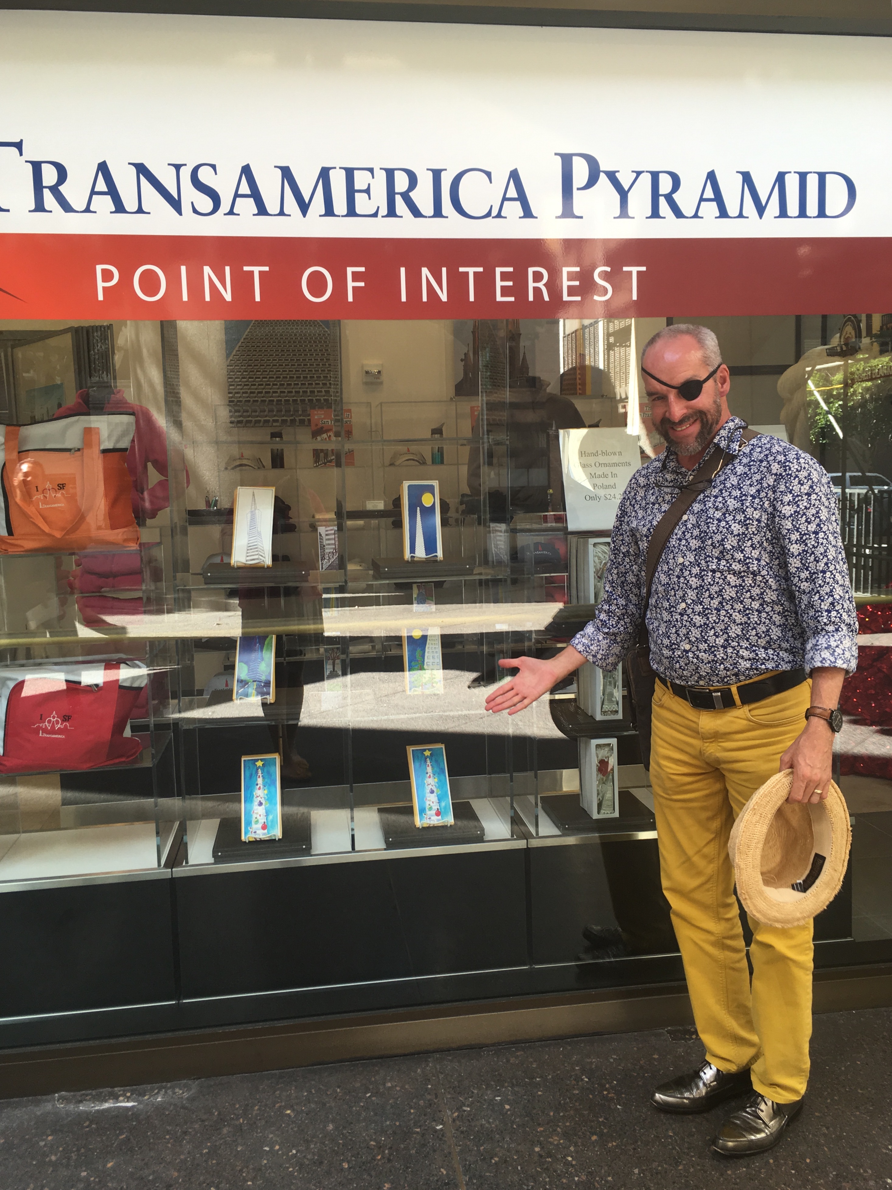 Kurt in front of storefront window at the Transamerica Pyramid - Point of Interest Gift Shop